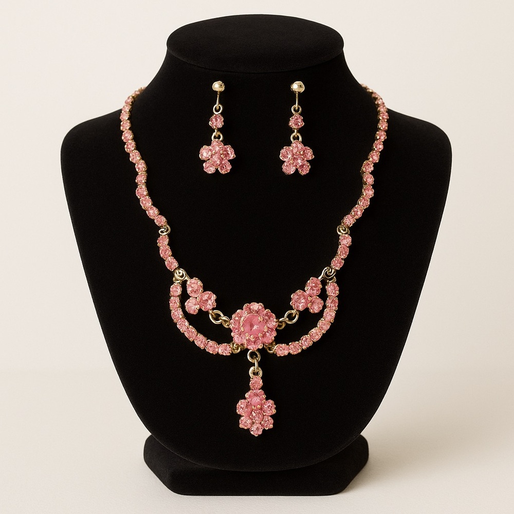 Vintage Pink Rhinestone Necklace & Earrings Set Floral Mid-Century J12